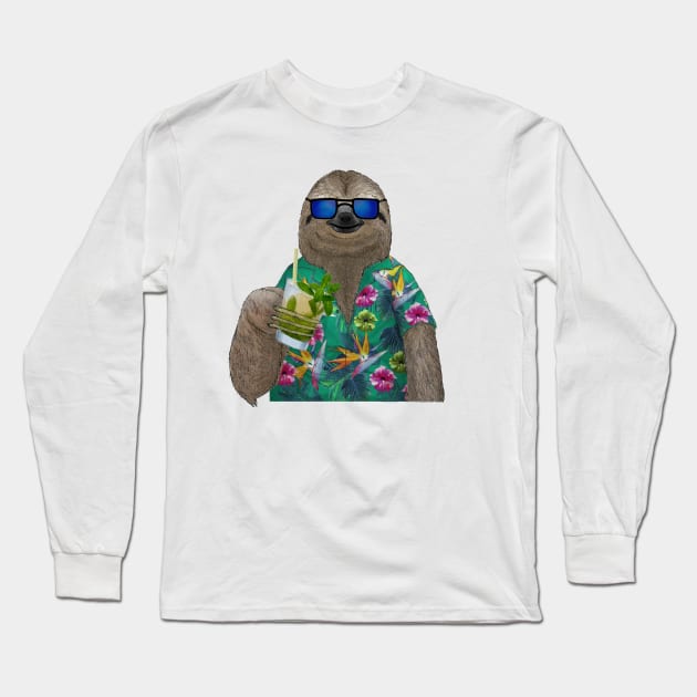 Sloth on summer holidays drinking a mojito Long Sleeve T-Shirt by Barruf